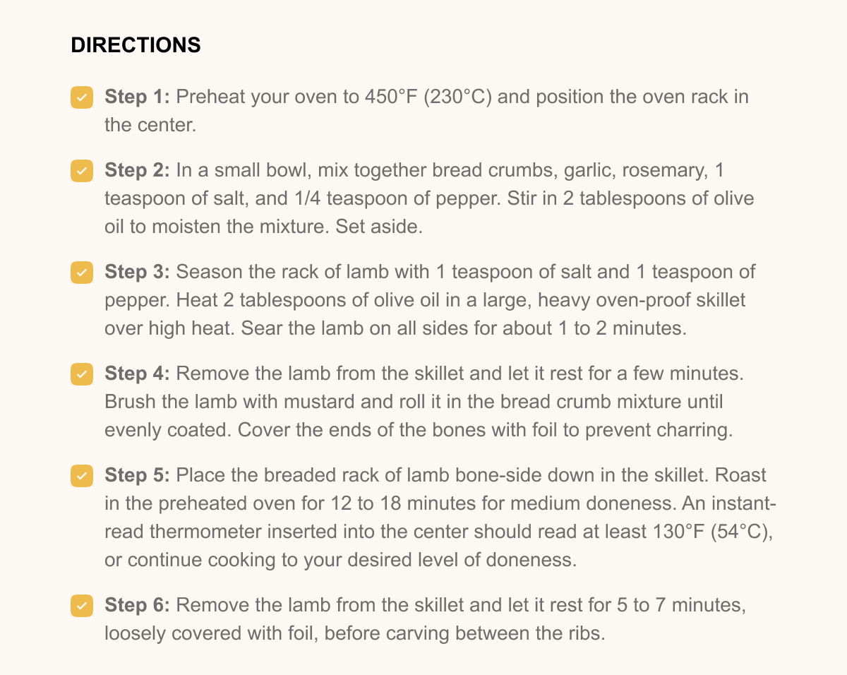 Roasted Rack of Lamb cooking directions
